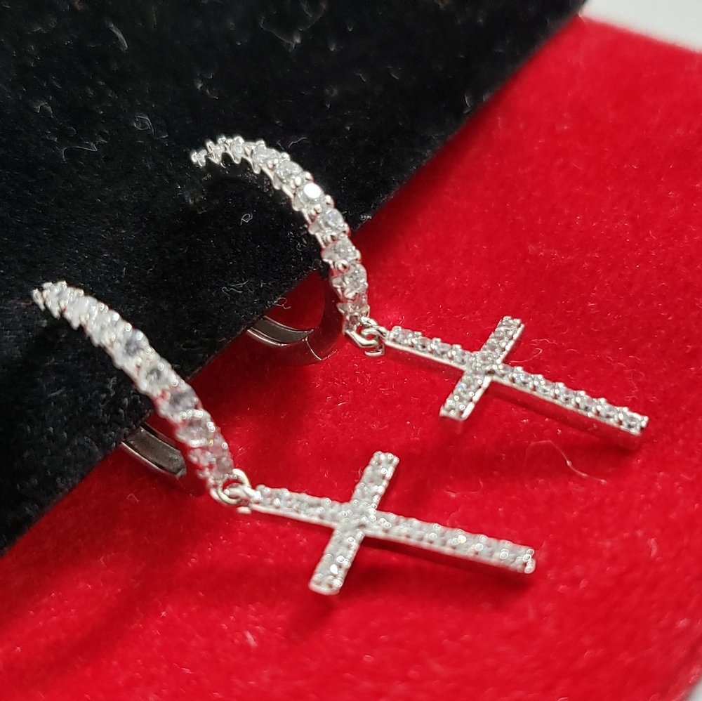 925 sterling silver huggie cross earrings